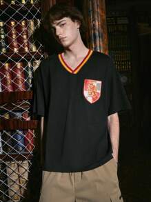 ROMWE MEN Harry Potter | ROMWE 男士條紋圖案字母圖案T恤 - 黑色 - 查看 5