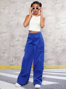 SHEIN Leap Crew Chicas adolescentes unicolor Top tank & con bolsillo con solapa Pantalones cargo - Azul y blanco - Ver 1