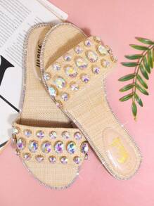 編織寶石般一腳蹬平底涼鞋 - 杏色 - 查看 2