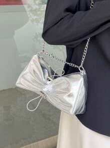 Metallic Chain Strap Ruched Bag Drawstring Design - Silver - View 2