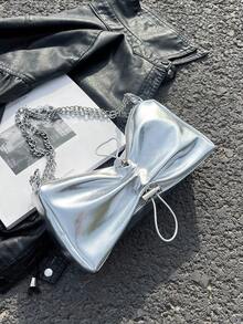 Metallic Chain Strap Ruched Bag Drawstring Design - Silver - View 3