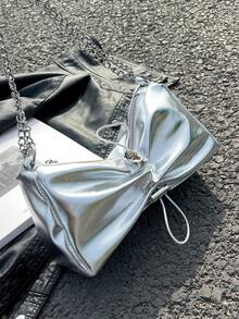 Metallic Chain Strap Ruched Bag Drawstring Design - Silver - View 5