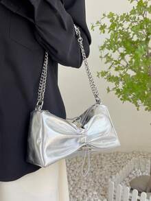 Metallic Chain Strap Ruched Bag Drawstring Design - Silver - View 6