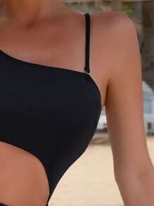 SHEIN Swim Cut Out Ruffle Trim Asymmetrical Neck Ruched Bustier One Piece Swimsuit, For Summer Beach Vacation - Black - View 4