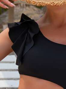 SHEIN Swim Cut Out Ruffle Trim Asymmetrical Neck Ruched Bustier One Piece Swimsuit, For Summer Beach Vacation - Black - View 5