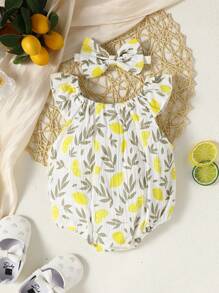 SHEIN Vintaside Kids Baby Girl Lemon Print Ruffle Trim Bodysuit & Headband