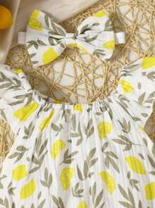 SHEIN Vintaside Kids Baby Girl Lemon Print Ruffle Trim Bodysuit & Headband