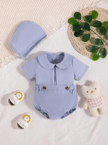 Đứa bé trai Cổ tròn Áo & quần short & Mũ Bộ - Màu xanh bụi bặm - Xem 1