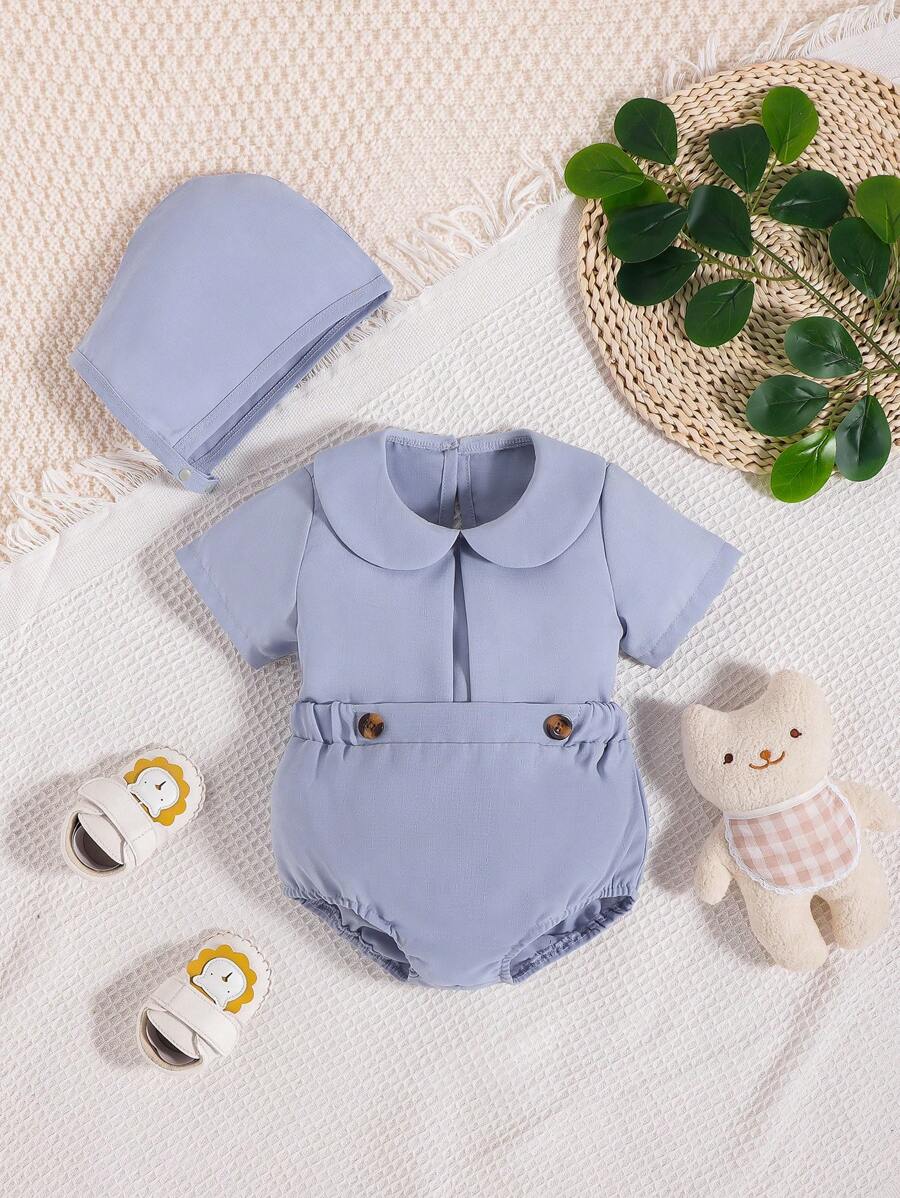 Đứa bé trai Cổ tròn Áo & quần short & Mũ Bộ - Màu xanh bụi bặm - Xem 1