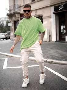 Áo thun nam tay ngắn dáng rộng, đơn giản, nhẹ, co giãn thấp, màu trơn, đa năng cho mùa hè - Màu xanh Bạc hà - Xem 4