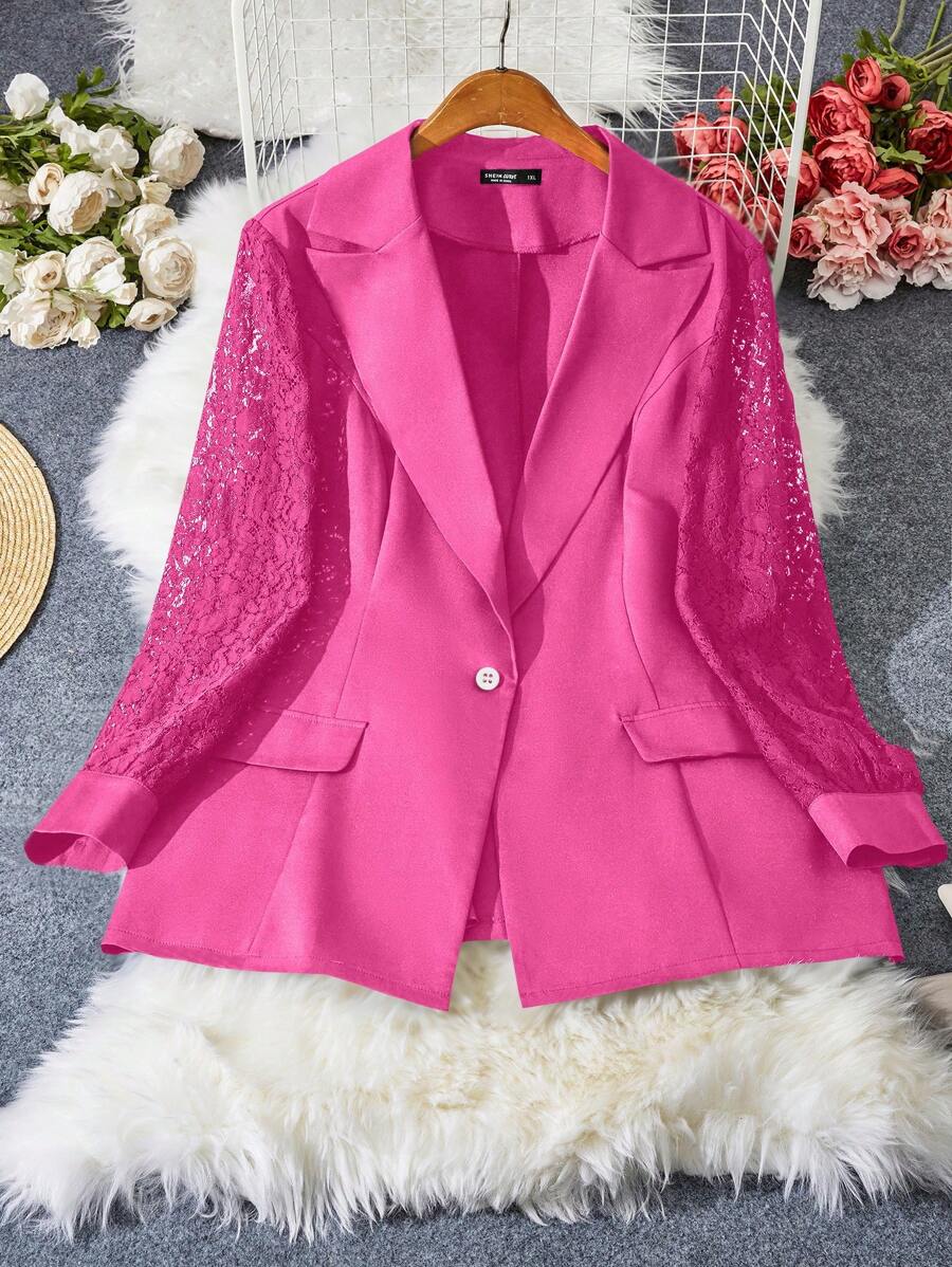 SHEIN LUNE Plus Contrast Lace Single Button Blazer - Hot Pink - View 1