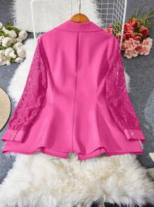SHEIN LUNE Plus Contrast Lace Single Button Blazer - Hot Pink - View 2
