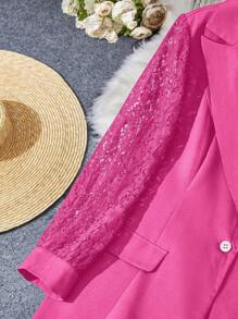 SHEIN LUNE Plus Contrast Lace Single Button Blazer - Hot Pink - View 3