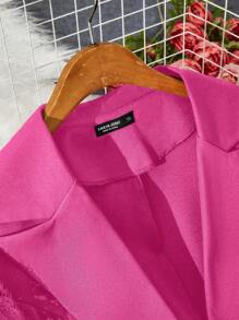 SHEIN LUNE Plus Contrast Lace Single Button Blazer - Hot Pink - View 4