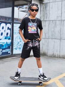 SHEIN 男孩閃電圖案腰部抽繩短褲 - 黑色 - 查看 3