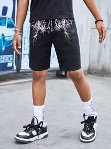 SHEIN 男孩閃電圖案腰部抽繩短褲 - 黑色 - 查看 4