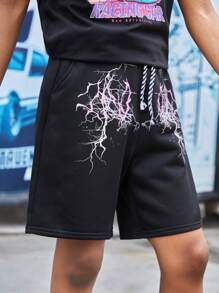 SHEIN 男孩閃電圖案腰部抽繩短褲 - 黑色 - 查看 5