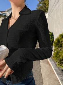 DAZY Solid Button Front Shirt,Long Sleeve Tops - Black - View 3