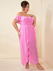 SHEIN SXY Đầm Plus Size Bất đối xứng Xù Tách cao màu trơn Thanh lịch - Hồng - Xem 5