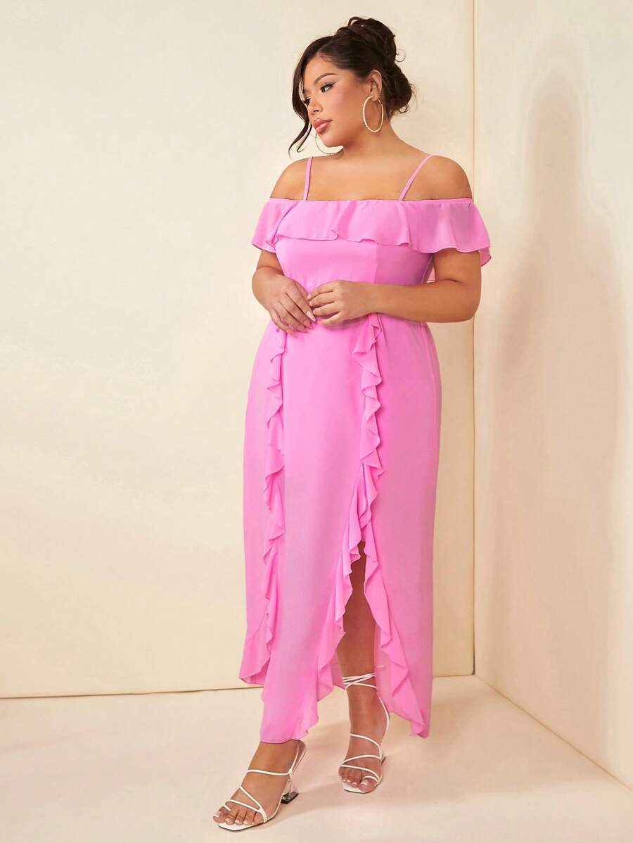 SHEIN SXY Đầm Plus Size Bất đối xứng Xù Tách cao màu trơn Thanh lịch - Hồng - Xem 1