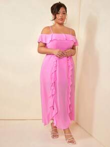 SHEIN SXY Đầm Plus Size Bất đối xứng Xù Tách cao màu trơn Thanh lịch - Hồng - Xem 7