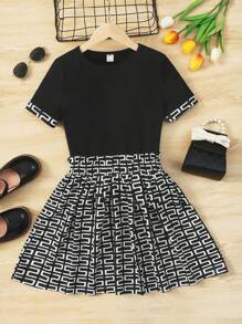 SHEIN Leap Crew Teen Girls Graphic Print Tee & Paperbag Waist Skirt - Black and White - View 1
