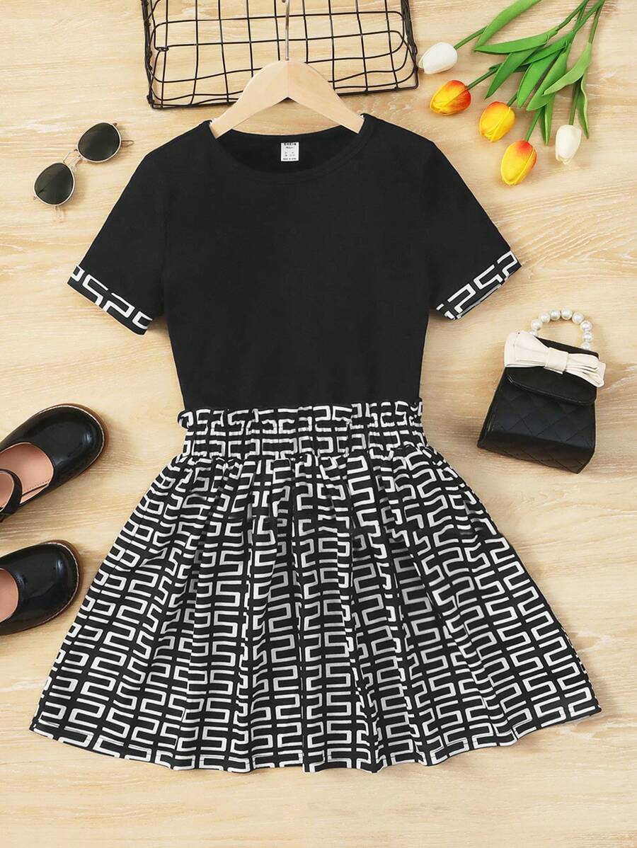 SHEIN Leap Crew Teen Girls Graphic Print Tee & Paperbag Waist Skirt - Black and White - View 1