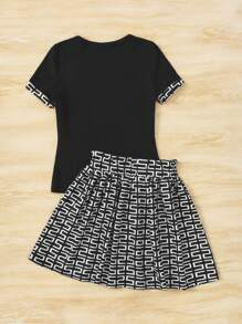 SHEIN Leap Crew Teen Girls Graphic Print Tee & Paperbag Waist Skirt - Black and White - View 2