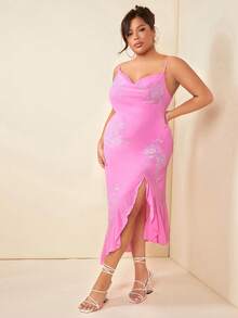 SHEIN BAE 大碼水鑽花卉圖案垂領荷葉邊不對稱下擺吊帶連衣裙 - 粉色 - 查看 4