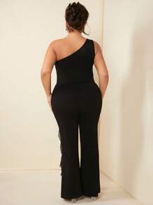 SHEIN SXY 大碼單肩3D短款上衣&荷葉邊長褲 - 黑色 - 查看 2