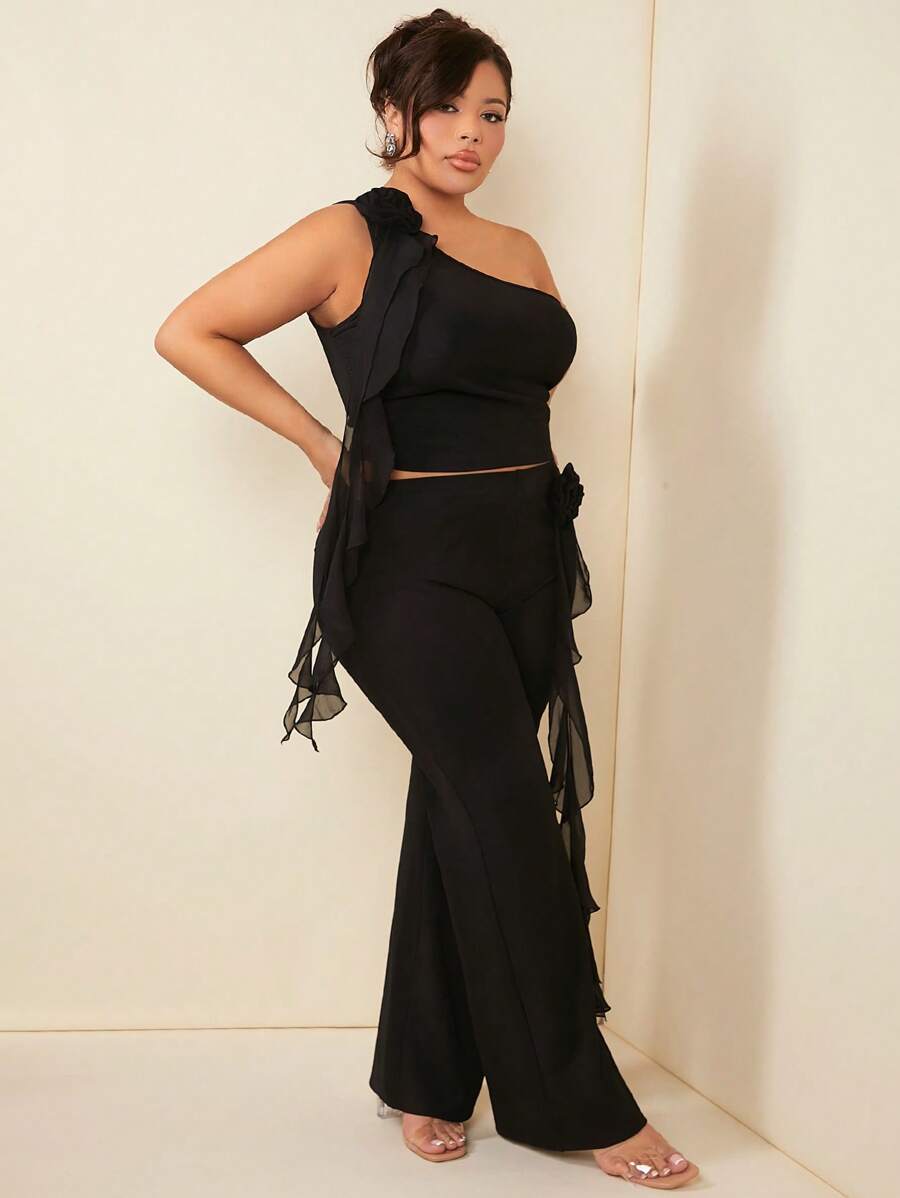 SHEIN SXY 大碼單肩3D短款上衣&荷葉邊長褲 - 黑色 - 查看 1