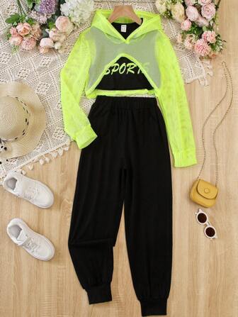 SHEIN Tween Mädchen 3 Stücke Set aus Tank Top mit Buchstabengrafik und High-Low-Mesh-Hoodie und Jogginghose