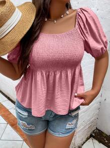 Calvaya Plus Square Neck Puff Sleeve Peplum Blouse - Pink - View 3