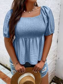 Calvaya 可愛荷葉邊 打褶純色加大襯衫 - 淺藍色 - 查看 4