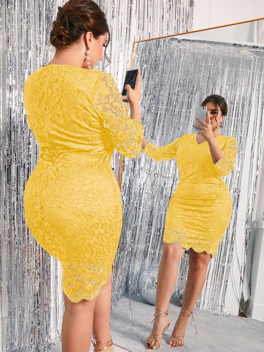 Celure 大碼優雅蕾絲拼接純色連衣裙 - 黃色 - 查看 1