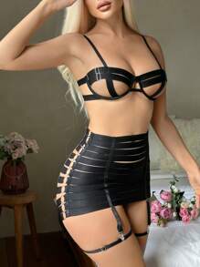 Cut Out Underwire Garter Lingerie Set - màu đen - Xem 4