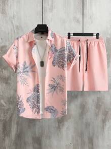 Manfinity RSRT 男士熱帶圖案襯衫和腰部抽繩短褲不帶T恤 - 粉色 - 查看 1