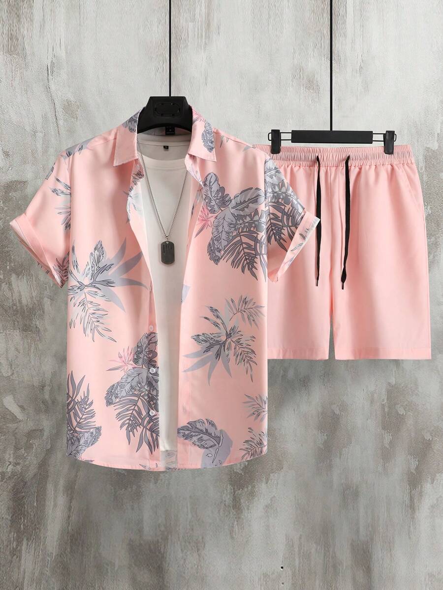 Manfinity RSRT 男士熱帶圖案襯衫和腰部抽繩短褲不帶T恤 - 粉色 - 查看 1