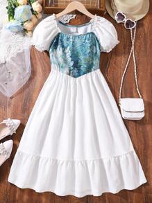 SHEIN Đầm Gái viền lá sen Viên lá sen Hoa Dễ thương - Nhiều màu - Xem 1