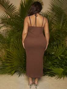 SHEIN SXY Plus Crisscross Tie Backless Split Thigh Halter Neck Dress - Chocolate Brown - View 2