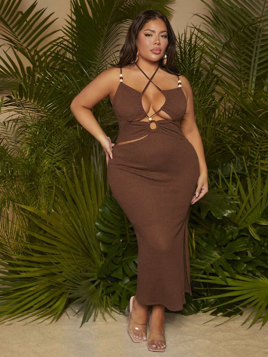SHEIN SXY Plus Crisscross Tie Backless Split Thigh Halter Neck Dress - Chocolate Brown - View 1