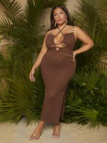 SHEIN SXY Plus Crisscross Tie Backless Split Thigh Halter Neck Dress - Chocolate Brown - View 4