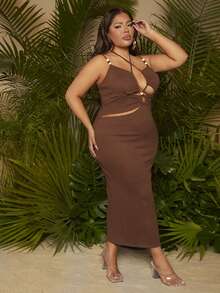 SHEIN SXY Plus Crisscross Tie Backless Split Thigh Halter Neck Dress - Chocolate Brown - View 5