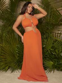SHEIN SXY Đầm Plus Size Lộ Lưng Hội Chữ thập Cắt ra Buộc lại màu trơn Gợi cảm - trái cam - Xem 1