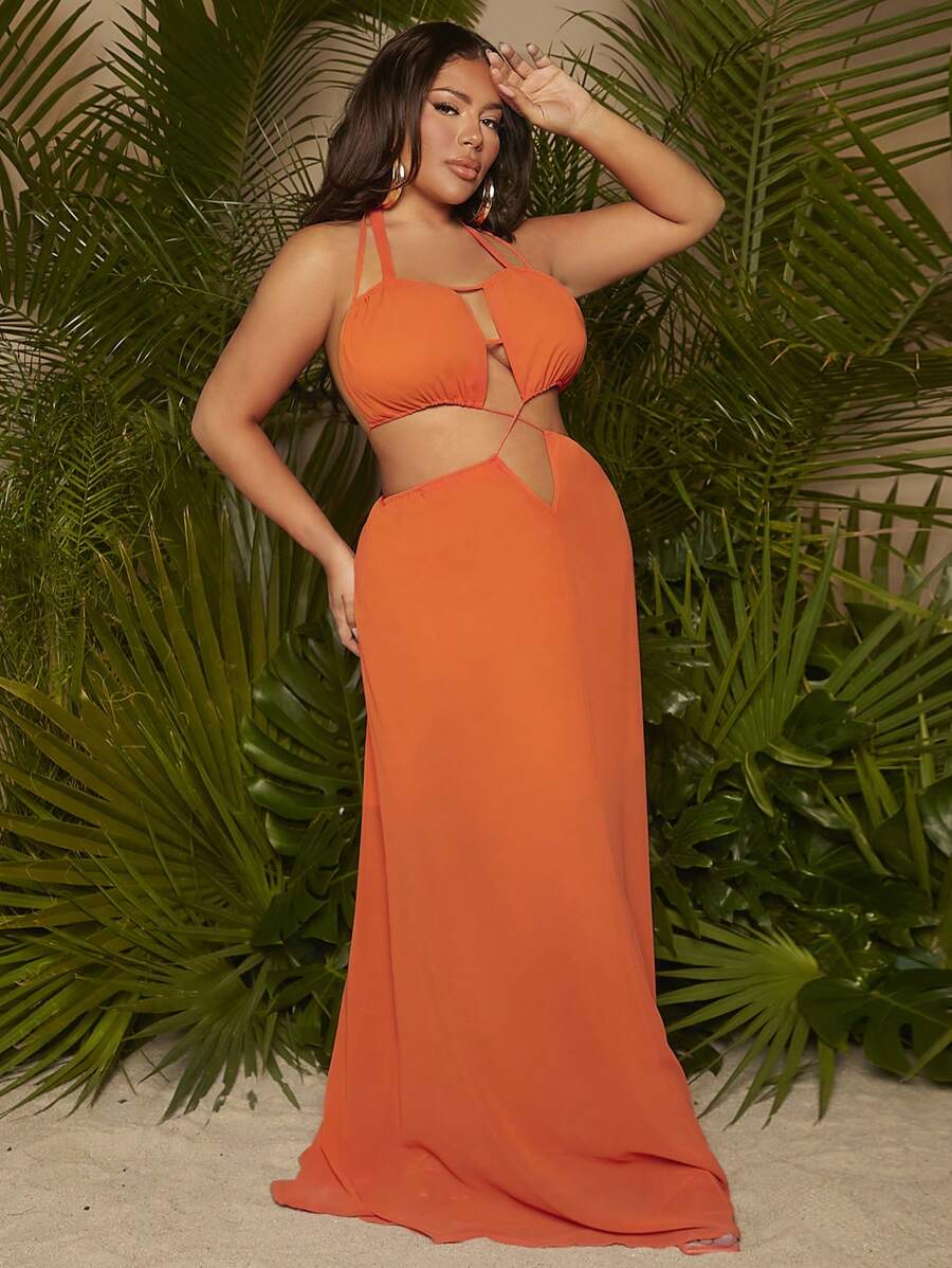 SHEIN SXY Đầm Plus Size Lộ Lưng Hội Chữ thập Cắt ra Buộc lại màu trơn Gợi cảm - trái cam - Xem 1