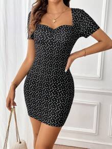 SHEIN Privé Confetti Heart Print Sweetheart Neck Bodycon Dress - Black - View 5
