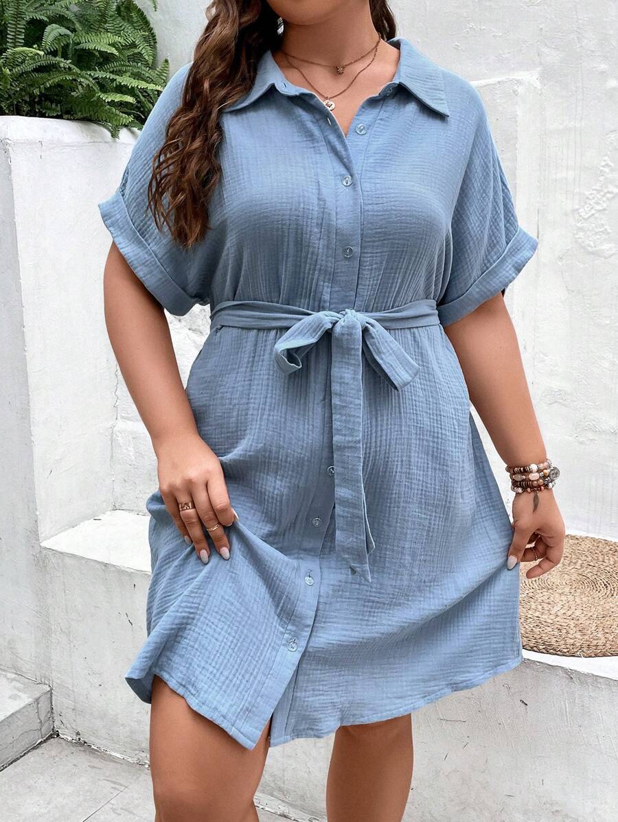 SHEIN Frenchy 大碼蝙蝠袖腰帶襯衫連衣裙 - 藍色 - 查看 1