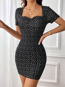 SHEIN Privé Confetti Heart Print Sweetheart Neck Bodycon Dress - Black - View 2