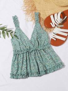 SHEIN Holidaya 大碼碎花褶邊荷葉邊下擺寬肩帶上衣 - 綠色 - 查看 1