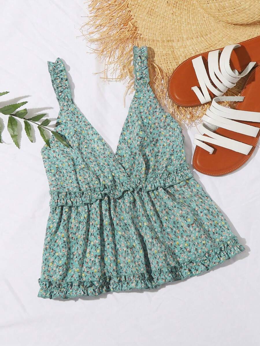 SHEIN Holidaya 大碼碎花褶邊荷葉邊下擺寬肩帶上衣 - 綠色 - 查看 1